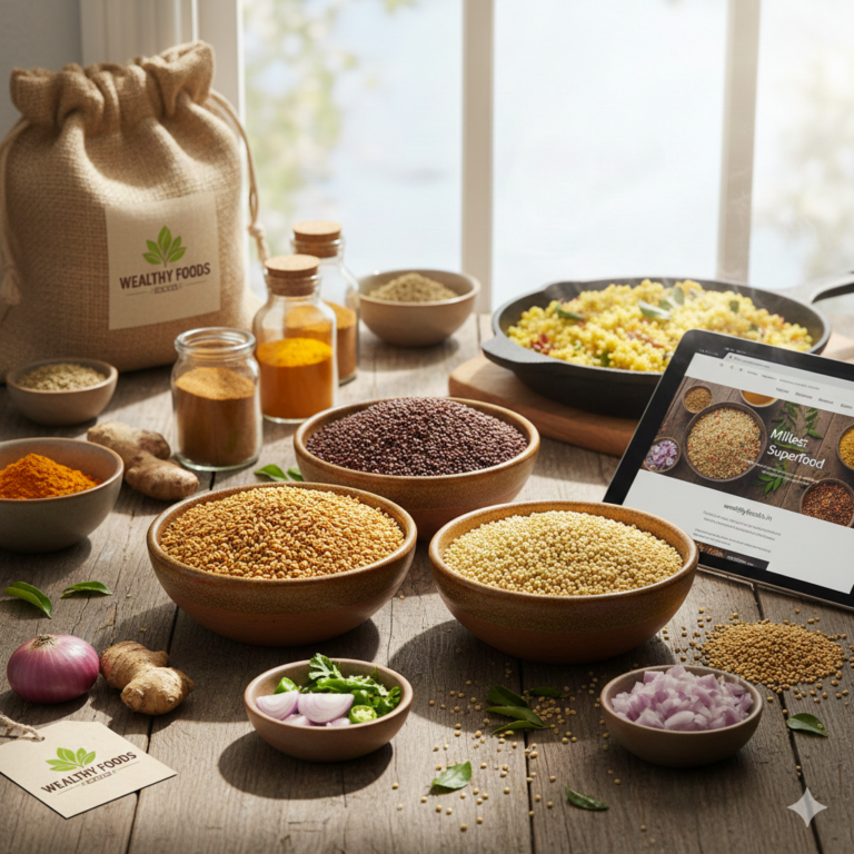 Assorted organic millets and spices from Wealthy Foods on a wooden table, featuring Ragi, Jowar, and Bajra for a healthy lifestyle.